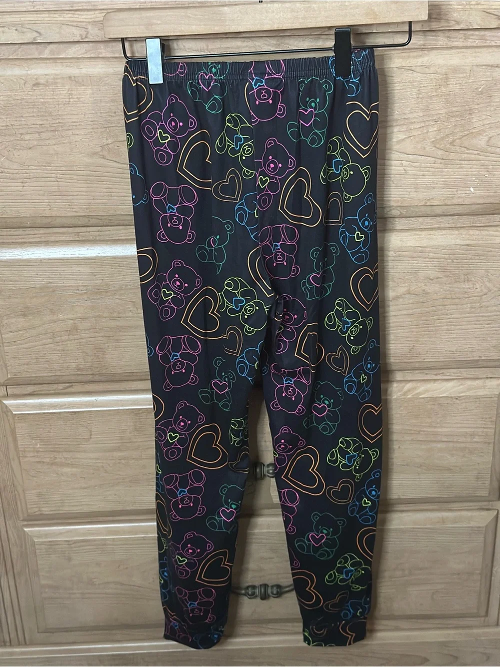 Black Neon Heart & Teddy Bear Print Matching 2pc Cropped Top & Pants Tween Set